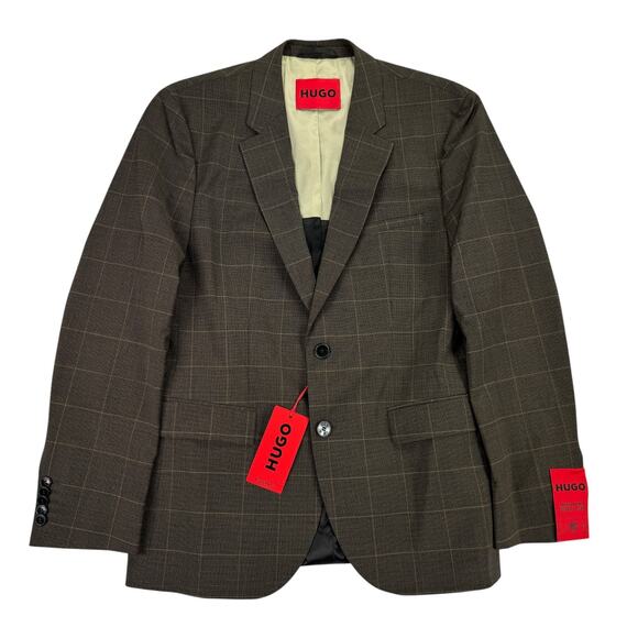 Hugo Boss Mens Modern Fit Super Flex Windowpane Suit Jacket Brown 38R - Picture 1 of 7